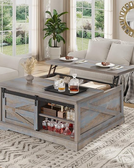 Itaar 39.4'' Lift Top Coffee Table with Storage, Farmhouse Coffee Tables for Living Room, Square Coffee Table with Large Hodden Compartment & 2 Drawrs & Adjustables Shelves (Blue)
