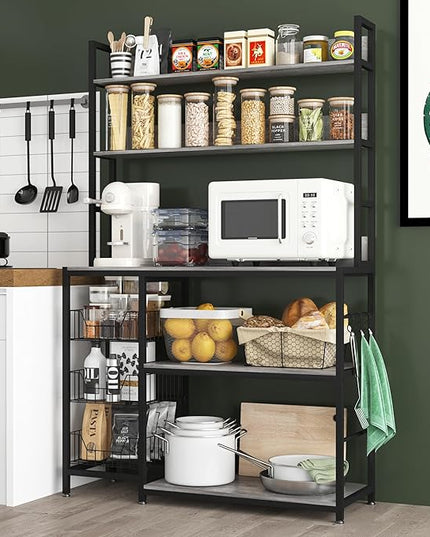Large Baker Rack with Basket,5-Tier Kitchen Utility Storage Shelf with Hooks,Microwave Oven Stand with Storage,Suitable for Living Room, Dining Room,Coffee Bar(Grey)
