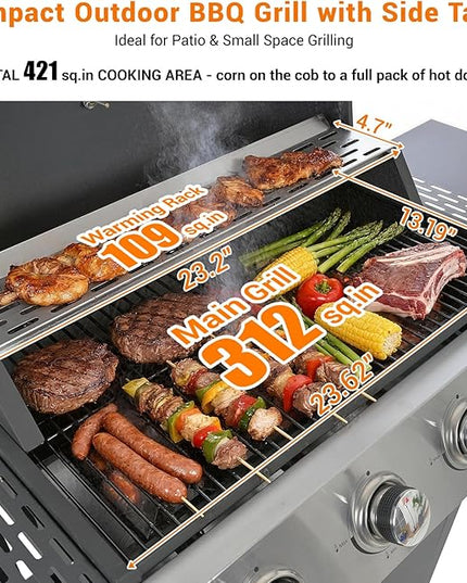4-Burner Stainless Steel Gas Grill | 34,000 BTU Total Output & 421 sq.in Cooking Area | Powerful Even-Heat System for Large Family BBQs & Backyard Parties