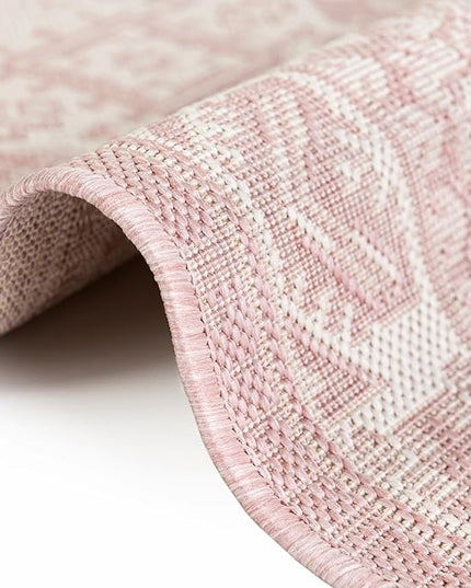Rugs.com Outdoor Aztec Collection Rug – 13 Ft Round Pink Flatweave-Pile Rug Perfect for Kitchens, Dining Rooms