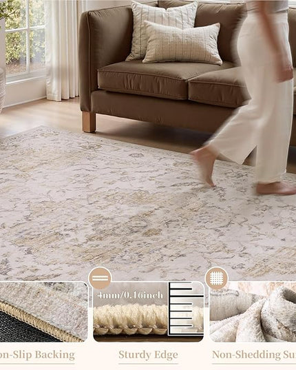 PADOOR-Vintage Area Rug 8X10 Rugs for Living Room-Soft Beige Rugs for Bedroom-Machine Washable Rug Non Slip Carpet-Rug for Dining Room Living Room Bedside Office