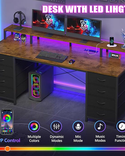 60 Inch Computer Desk with 8 Fabric Drawers, Gaming Desk with LED Lights & Power Outlets, Home Office Desk with Monitor Stand, Rustic Brown