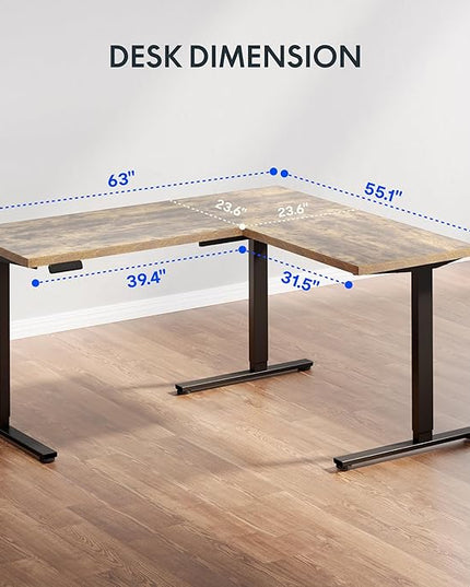FLEXISPOT L Shaped Standing Desk, 63 x 55 Inch Electric Height Adjustable Corner Desk, Sit Stand Computer Workstation, Preset Controller, Home Office, Black Frame with Rustic Brown Top, Black Drawer