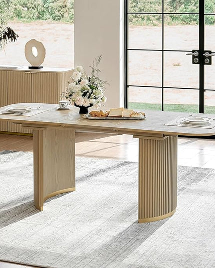 Modern Extendable Dining Table, Light Oak Wood, Mid-Century Design with Hidden Extension Board, Fluted Double Column Base, Rounded Corners, for Kitchen, Living Room