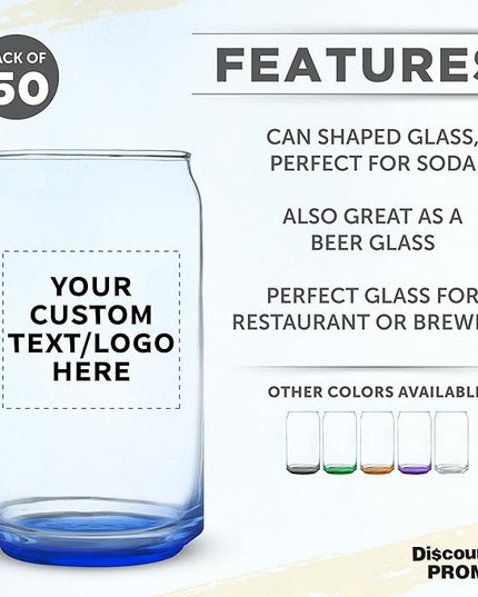 Custom Beer Can Glasses Set of 50, 16 oz. Pint Sized, Promotional Text, Logo, Soda Can Shape, Glassware, Blue