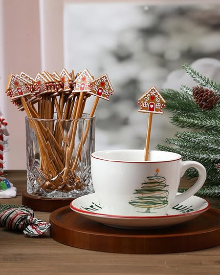 30 Pcs Christmas Drink Stirrers Xmas Stir Stick Holiday Coffee Swizzle Stick Reusable Plastic Hot Cocoa Bar Chocolate Decoration Cocktail Mixer(Gingerbread House,Novel Color)