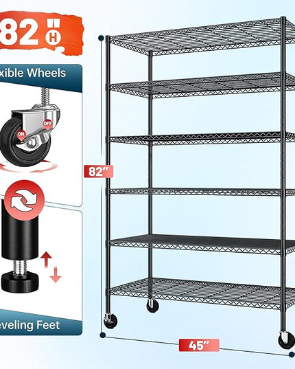 82" H X45 W X18 D Wire Shelving Unit, 6 Tier Adjustable Storage Shelves with Wheels 1200LBS Metal Shelving for Restaurant Garage Pantry Kitchen Closet Commercial,Black