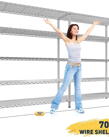 REIBII 70" W Wire Shelving Load 1500LBS, Metal Shelving 5-Tier Storage Shelves Metal Shelves for Storage Adjustable Shelving Rack for Pantry Kitchen Commercial School 70" W*15.8" D*72.4" H,Chrome