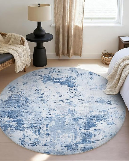 Modern Abstract 6x6 Round Area Rug Non Slip Non Shedding Rug Low Pile Stain Resistant for Bedroom Living Room Office Dining Room,Light Blue