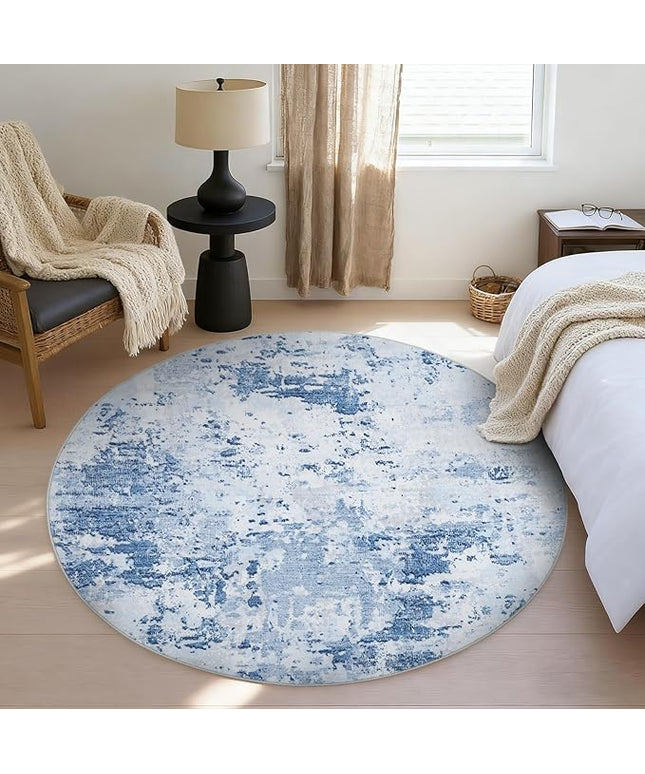 Modern Abstract 8x8 Round Area Rug Non Slip Non Shedding Rug Low Pile Stain Resistant for Bedroom Living Room Office Dining Room,Light Blue