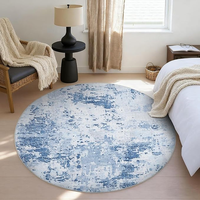 Modern Abstract 4x4 Round Area Rug Non Slip Non Shedding Rug Low Pile Stain Resistant for Bedroom Living Room Office Dining Room,Light Blue