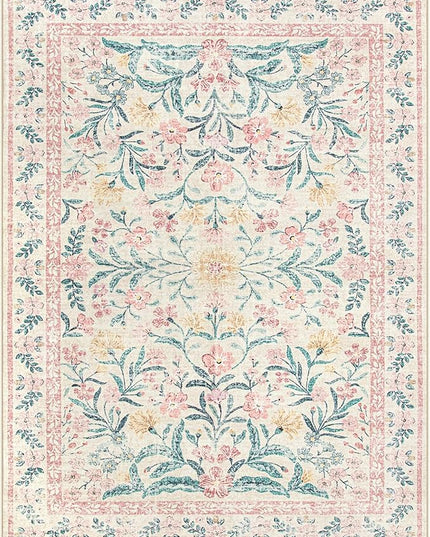 Wonnitar Floral Large Rugs for Living Room, Soft Light Pink Rug Washable 9x12 Carpet Non Slip, Boho Foldable Non-Shedding Kids Carpet for Bedroom Girls Nursery Dorm Playroom