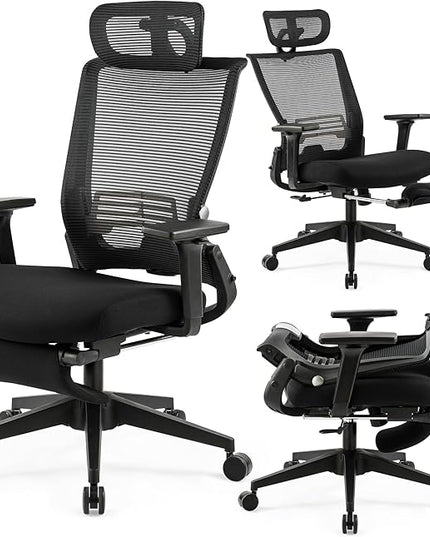 Foldable Office Chair with Foot Rest, Ergonomic Office Chair with Adjustable Lumbar Support, Headrest, Armrest, Home Office Desk Chairs for Space Saving, Work from Home, Black