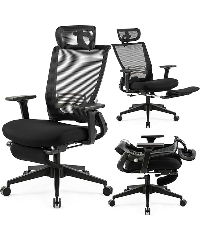 Foldable Office Chair with Foot Rest, Ergonomic Office Chair with Adjustable Lumbar Support, Headrest, Armrest, Home Office Desk Chairs for Space Saving, Work from Home, Black