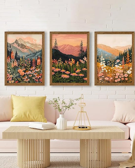 InspiredHues Colorful Landscape Boho Canvas Wall Art Set, 3 Piece Wildflower Mountain Wall Decor, Vintage Floral Rustic Nature Artwork Prints for Living Room Bedroom Office 16x24 Inch Wood Framed