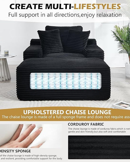 67" Boneless Chaise Lounge Chair,Indoor Corduroy Oversized Sleeper Sofa w/9.9'' Wide Armrest & 3 Soft Pillows, Convertible Boneless Sofa Bed - 2-in-1 Chair & Ottoman for Reading, Living Room,Black