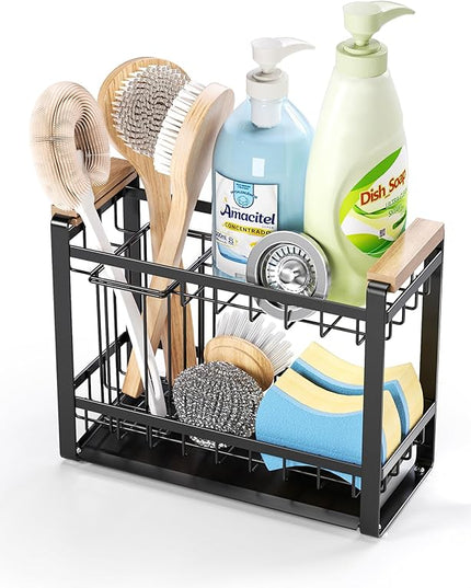 Sink Caddy Organizer with Wooden Handle, 2-Tier Rustproof Metal Sink Organizer Non-Slip Suction Cups, Multi-Functional Storage for Sponge, Soap Dispenser, Kitchen and Bathroom Countertop Accessories