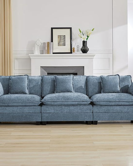 111'' Sectional Cloud Deep Seat Couch, Modern Comfy Chenille Modular Sectional Sofa for Living Room Set, Upholstered Modular 3-Seats Sofa Couch, Blue