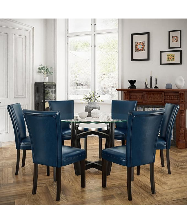 PADMA HOUSE Round Glass Dining Table Set for 6, 45in Modern Kitchen Small Wood Dinner Table with 6 Parsons Leather Dining Chairs 7 Piece Dining Room Table Chair Set, Clear&Purplish Blue