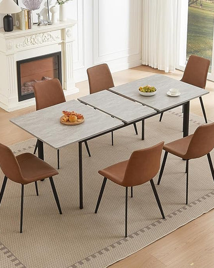 63"- 78.7" Extendable Dining Table with 6 Brown Dining Chairs, Modern Kitchen Table Set for 6, Thickened Expandable MDF Wooden Table with Metal Legs for Dining Room, Kitchen, Home