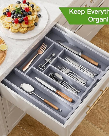 Pipishell Bamboo Expandable Drawer Organizer for Utensils Holder, Adjustable Cutlery Tray, Wood Drawer Dividers Organizer for Silverware, Flatware, Knives in Kitchen, Bedroom, Living Room(M-Grey)