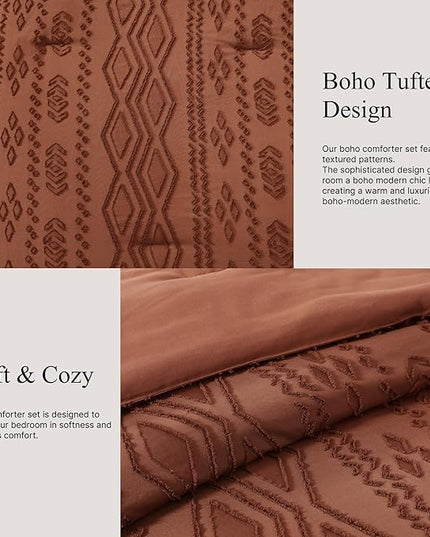 King Size Comforter Set Autumn Leaf, Tufted Boho Bedding Farmhouse Bed Set, All Season 7 Pieces Bed in a Bag with Sheets, Pillowcases & Shams