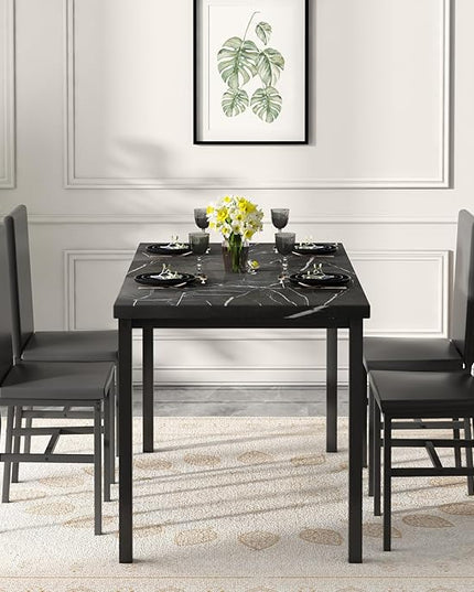 AWQM Dining Table Set for 4, Modern Marble Dining Table Set with 4 Upholstered PU Leather Chairs,Dining Room Table Set for Kitchen, Breakfast Nook, Dining Room, Black