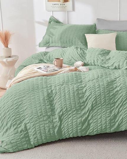 HYMOKEGE Sage Green/Light Grey Twin Comforter Set Seersucker 5 Pieces, All Season Luxury Bed in a Bag for Bedroom, Bedding Set with Comforter, Sheets, Pillowcase & Sham