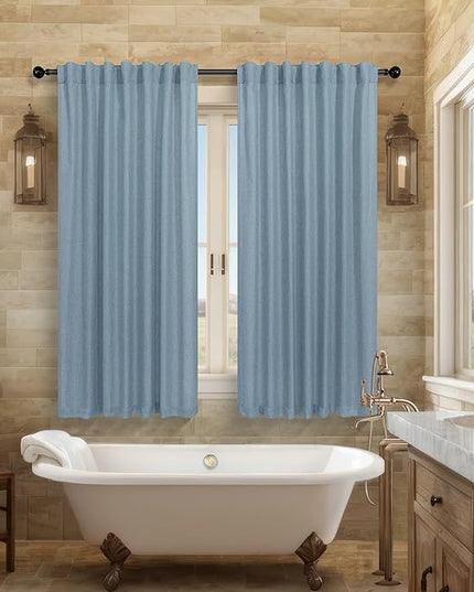 Pitalk Blue Curtains 38 Inch Wide for Small Window 2 Panel Set Back Tab Rod Pocket Linen Blend Semi Sheer Cafe Tier Narrow Curtain for Bathroom Kitchen Door Basement Width 38x45 Inch Length Stone Blue