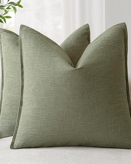 Foindtower Pack of 2, Decorative Linen Soild Throw Pillow Covers Soft Accent Cushion Case Farmhouse Neutral Pillowcase for Chair Couch Sofa Bedroom Living Room Home Decor 18x18 Inch Olive Branch Green