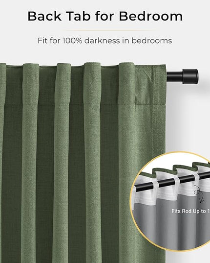 INOVADAY 100% Blackout Curtains for Bedroom, Black Out Curtains 96 Inch Long, Clip Rings Linen Blackout Drapes, Thermal Insulated Room Darkening for Living Room, 2 Panels - Moss Green,W50xL96