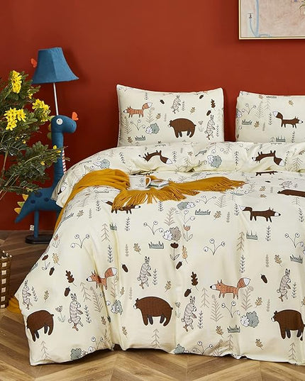 CLOTHKNOW Yellow Bear Queen Comforter Set 3Pcs Kids Bedding Comforter Sets Cute Animal Fox Woodland Forest Comforter with 2 x Pillow Cases
