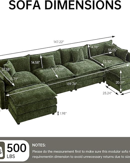 Modular Sectional Sofa, 147.2 Inch U Shaped Couch Set with Armrests, 4-Seater Comfy Cloud Couches with Movable Ottoman for Living Room Apartment, Green