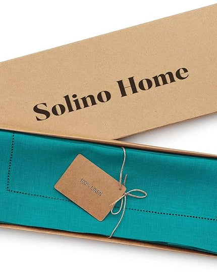 Solino Home Linen Placemats Set of 4 - Classic Hemstitch Teal Placemats 14 x 19 Inch - 100% Pure Linen Table Mats for Christmas, New Year