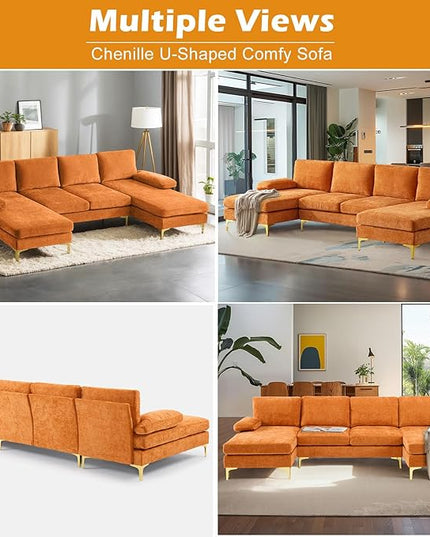 VINGLI 110" Sectional Couches for Living Room,U Shape Couch with Double Chaise, 4-Seat Sofa Set with Chenille Fabric for Home Furniture,Burnt Orange