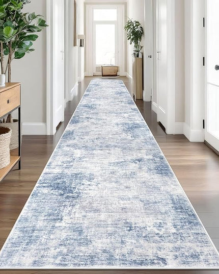 IOHOUZE Abstract Runner Rug 3x18 Ft Washable Runners for Hallways, Non Slip Kitchen Runner Printed Faux Wool Entryway Runner Indoor, Modern Abstract Floor Carpet for Hall Stair, Light Blue White