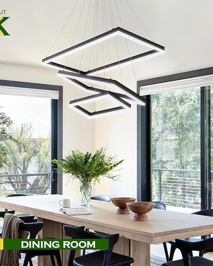 3 Rings Modern LED Chandelier Black 31.5inch Rectangle Dimmable LED Pendant Light with Remote Control 3 Tier Flush Mount High Ceiling Light for Dining Living Room Foyer(3000K-6500K, H71)