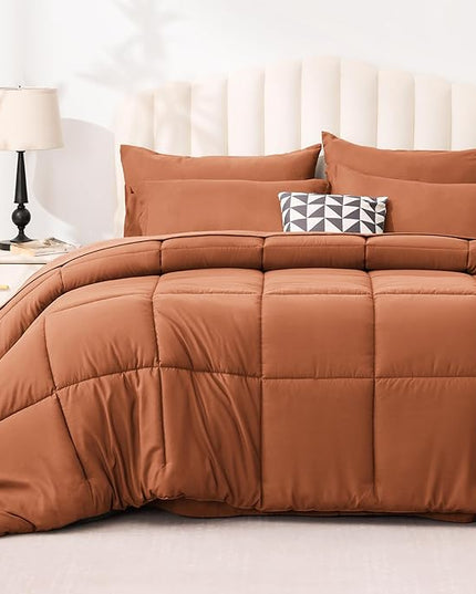 Love's cabin California King Comforter Set Burnt Orange, 7 Pieces California King Bed in a Bag, All Season Bedding Sets with 1 Comforter, 1 Flat Sheet, 1 Fitted Sheet, 2 Pillowcase and 2 Pillow Sham