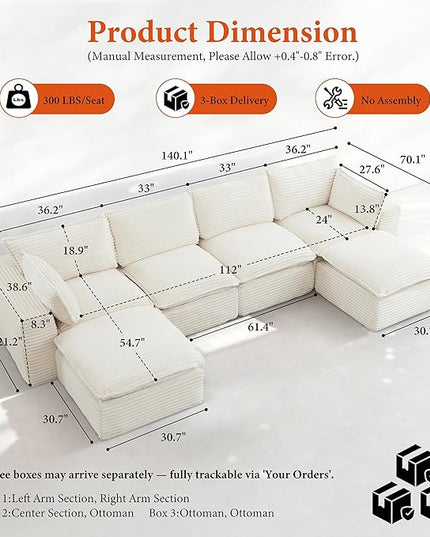 108" Sectional Couches for Living Room Boneless Couch Upholstered Cloud Couch Sectional Modular Sectional Sofa with L Shaped (Corduroy-White, 4 Seat+2 Ottoman)
