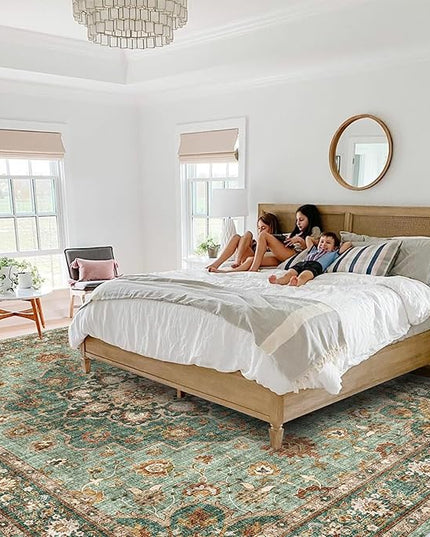 Washable Oriental Area Rug - 10x12 Rugs for Living Room Soft Carpet for Bedroom Waterproof Floral Distressed Indoor Stain Resistant Non-Shedding Floor Carpets (Green, 10x12)