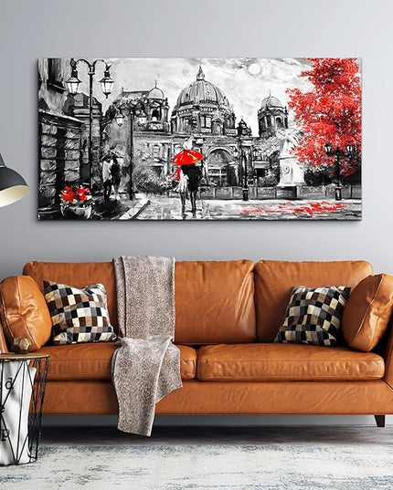 Black And White Buildings And Lovers Holding Umbrellas Under Street Lamps Canvas Art Print Artwork Wall Art For Living Room Large Size Wall Decor，Modern Home Decor Watercolor Wall Painting Decoration