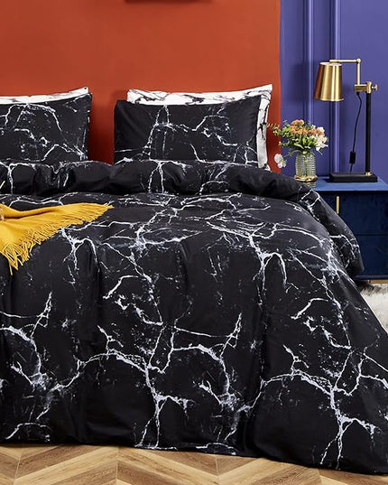 CLOTHKNOW Black White Grey Full Size Comforter Sets Marble Bedding Comforter Sets Soft All Season Black Comforters with 2 x Pillow Cases