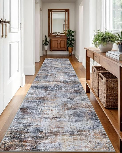 IOHOUZE Abstract Runner Rug 3x12 Ft Washable Runners for Hallways, Non Slip Kitchen Runner Printed Faux Wool Entryway Runner Indoor, Modern Abstract Floor Carpet for Hall Kitchen, Orange Grey