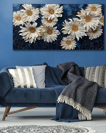 HUADAOART White Daisy Canvas Wall Art Navy Blue Background 40 x 20 inches Contemporary Floral Painting Living Room Bathroom Ready to Hang