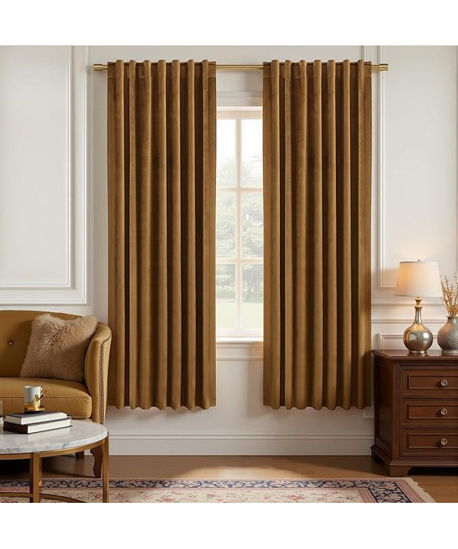 KOUFALL Velvet Black Out Curtains 63 Inch Long for Living Room,63 Inch Length Blackout Room Darkening Luxury Gold Brown Thermal Curtains Drapes for Bedroom 2 Panels Set