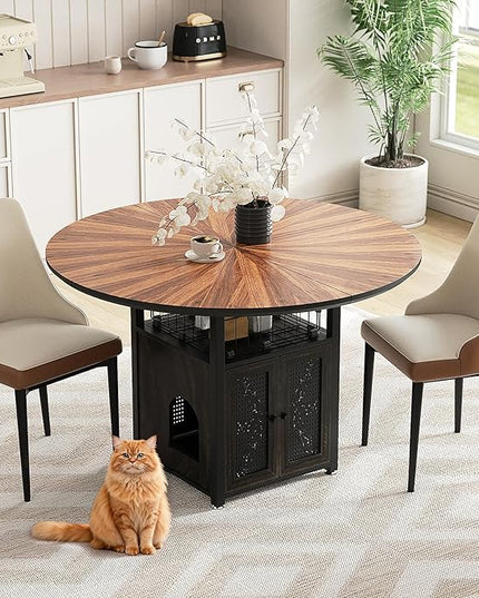 47" Round Dining Table Set for 4-6 People, Large Farmhouse Kitchen Dining Table Set with Chairs and Storage Rack, Metal Base Round Table for Home Dining Room Living Room (Cat table and 2 brown chairs)