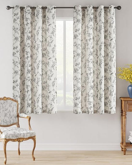 Lazzzy Linen Farmhouse Curtains Black Floral Curtains 63 Inch Length Drapes for Living Room Bedroom Pattern Light Filtering Country Vintage Curtain Grommet Top, 2 Panels, Black on Beige