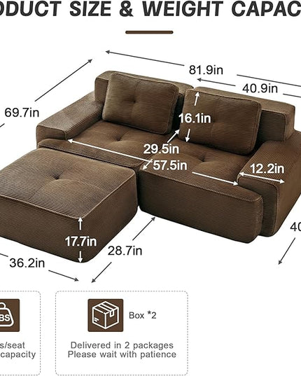 82" Convertible Modular Couches, Deep Seat L Shaped Sofas for Living Room, Modern 2 Seater Love Seat Sofa with 1 Ottoman for Small Space, Comfy Cloud Sectional Sofa Set, Corduroy Fabric Brown