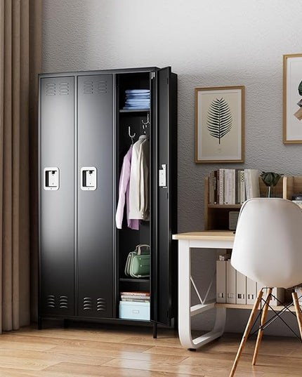Aobabo Metal Lockers for Employees, 3 Doors Storage Locker with 9 Hooks for Office Home, Black, Assembly Required