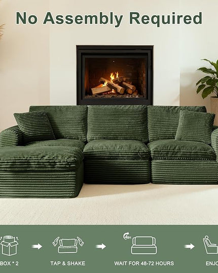 108” Modular Sectional Sofa Couches L Shaped Couch 3 Seater Cloud Sofa Memory Foam Sectional Couches for Living Room, Boneless Couch with Ottoman, Corduroy, Green